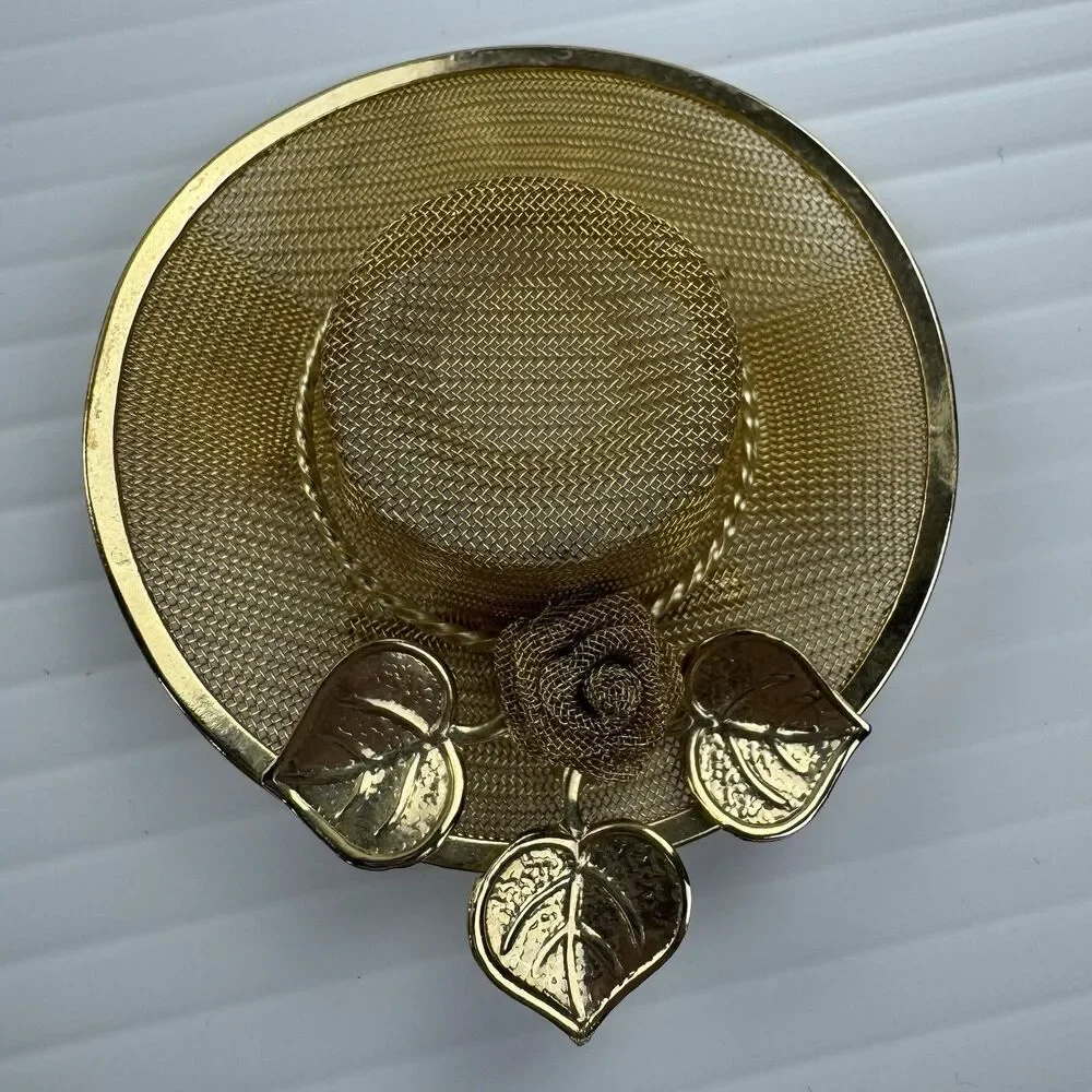 Vintage Gold Tone Mesh Hat Brooch Pin Floral Leaves Statement Retro